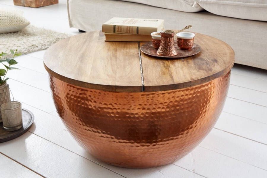 Invicta Interior Ronde salontafel ORIENT STORAGE 60cm koper gehamerd handgemaakt acaciahout met opbergruimte 39253