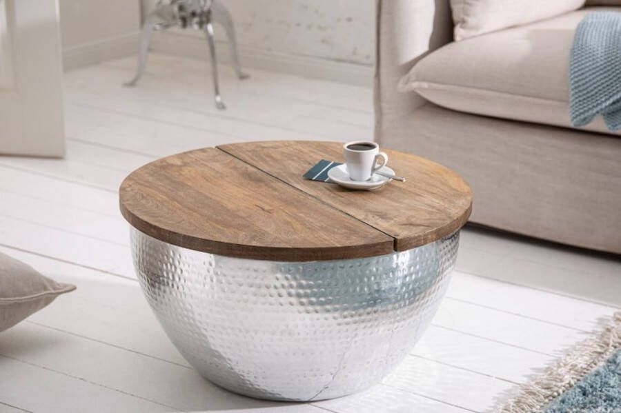 Invicta Interior Ronde salontafel ORIENT STORAGE 60cm zilver acaciahout met opbergruimte handgemaakt gehamerd 40109