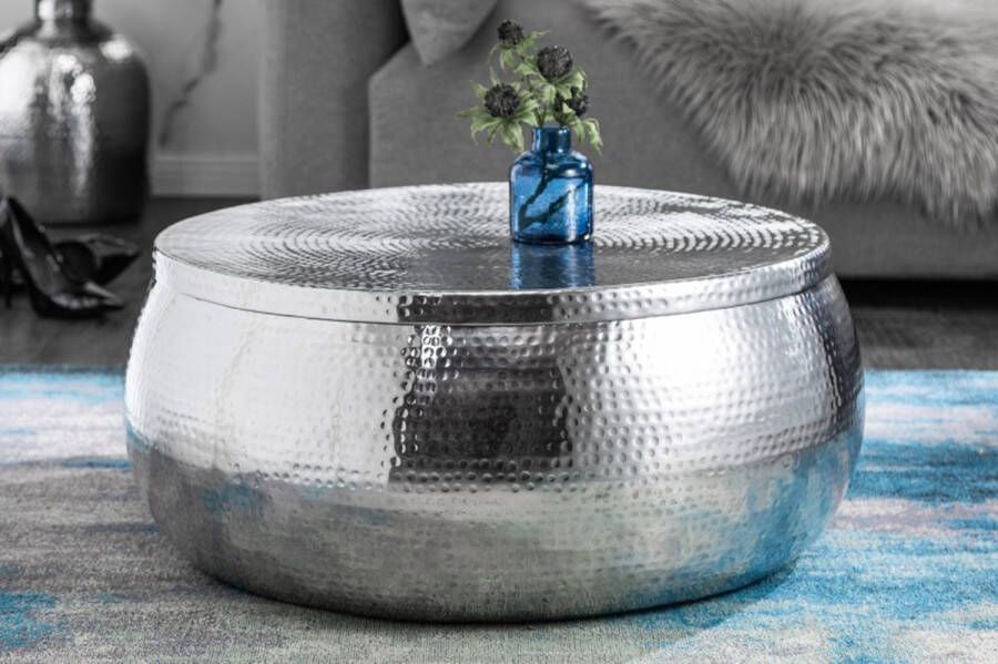 Invicta Interior Ronde salontafel ORIENT STORAGE 70cm zilver metaal met opbergruimte gehamerd ontwerp handgemaakt 40232