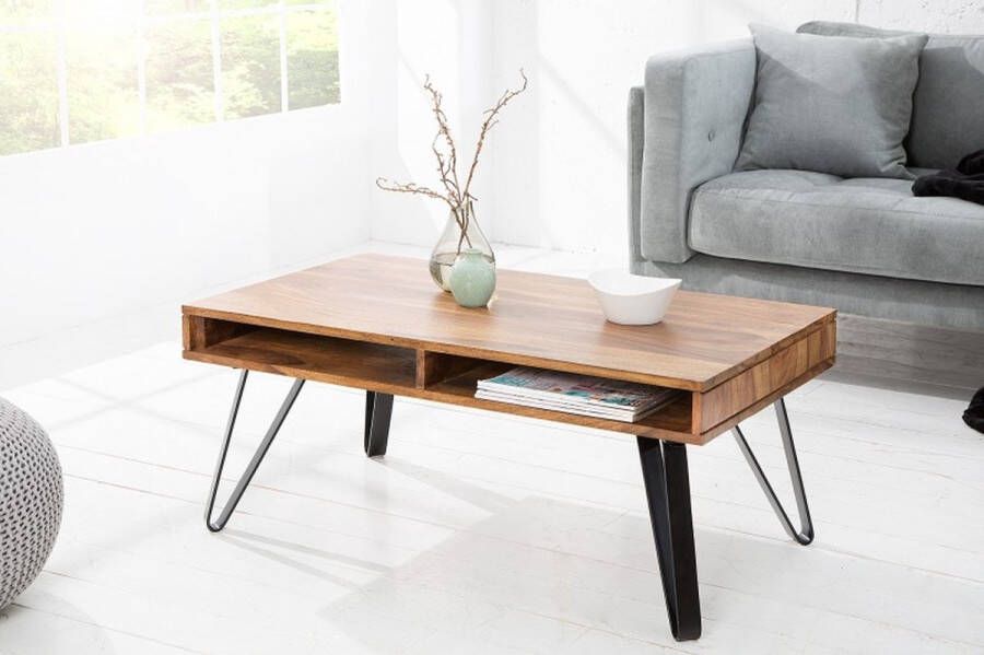 Invicta Interior Retro salontafel SCORPION 100cm Sheesham metalen poten steenafwerking massief hout met opbergruimte 37889