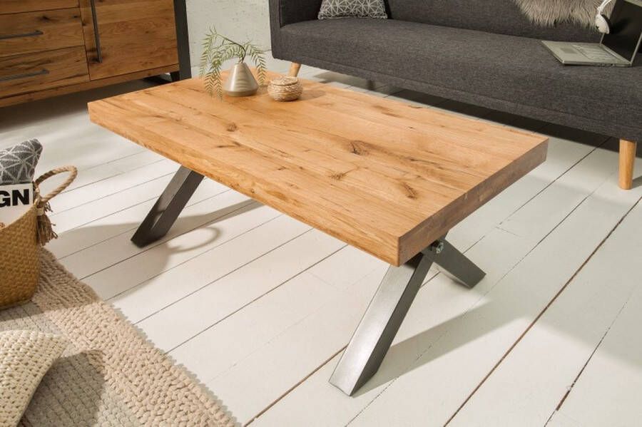 Invicta Interior Massief houten salontafel THOR 110cm wild eiken geolied X-frame metaal antraciet industrieel design 38808