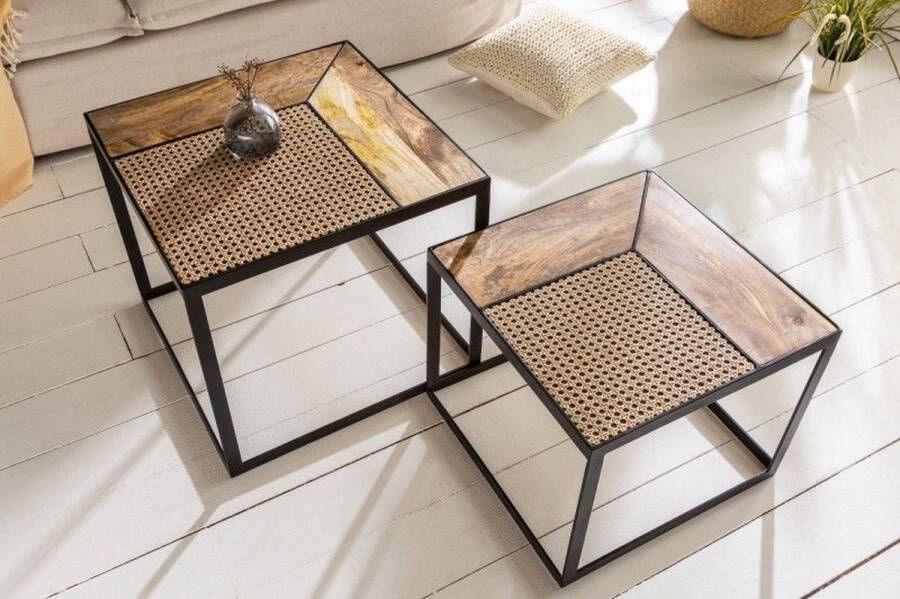 Invicta Interior Set van 2 salontafels VIENNA LOUNGE 50cm massief mangohout Weens gevlochten metalen frame zwart 40134