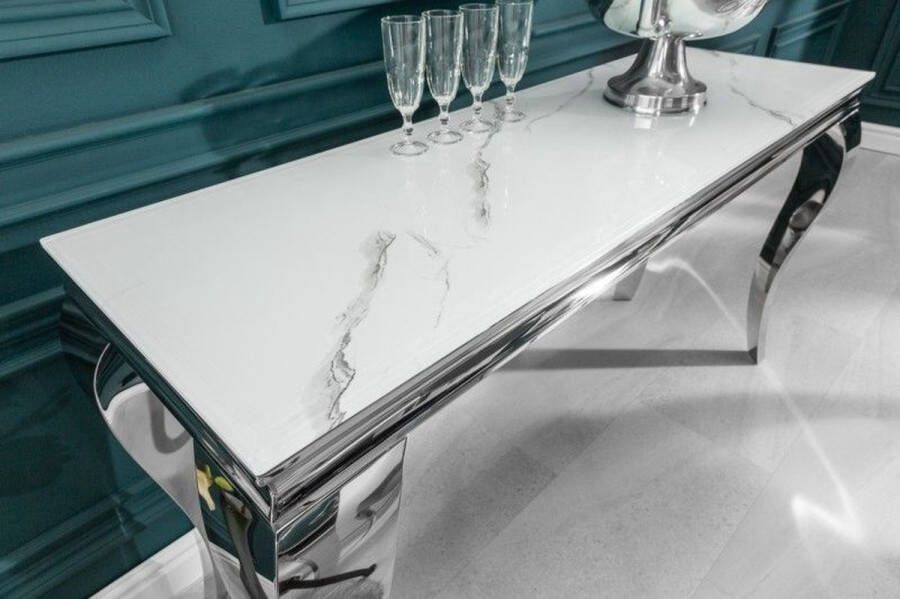 Invicta Interior Elegante consoletafel MODERN BAROQUE 145cm met glazen blad marmerlook roestvrijstalen poten 39997
