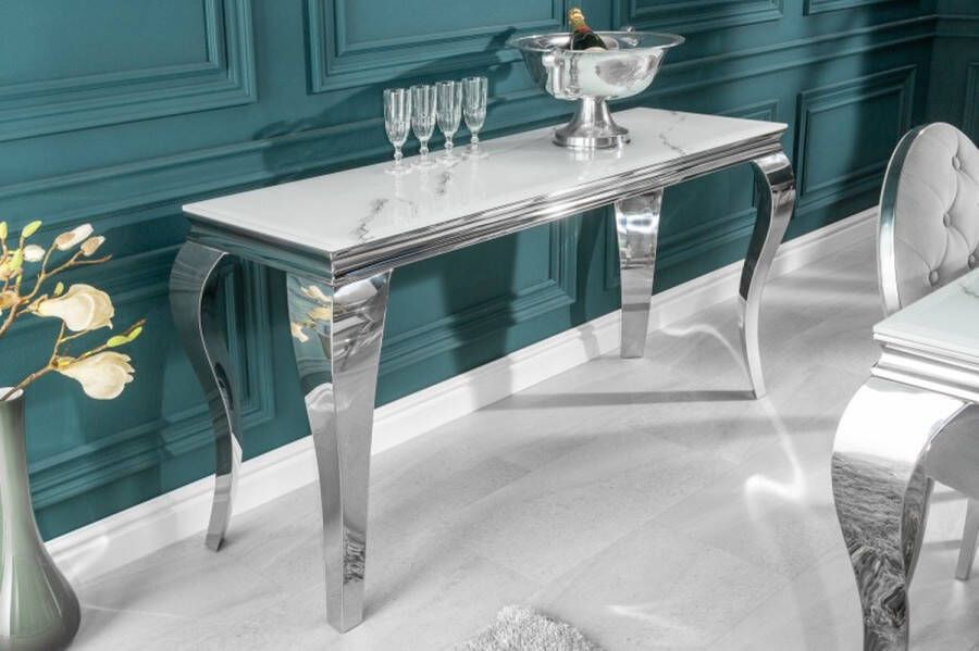 Invicta Interior Elegante consoletafel MODERN BAROQUE 145cm met glazen blad marmerlook roestvrijstalen poten 39997