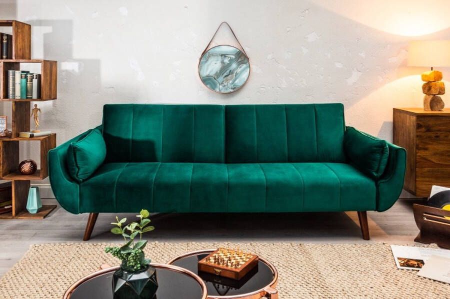Invicta Interior Retro slaapbank DIVANI 220cm smaragdgroen fluweel 3-zitsbank met bedfunctie 40089