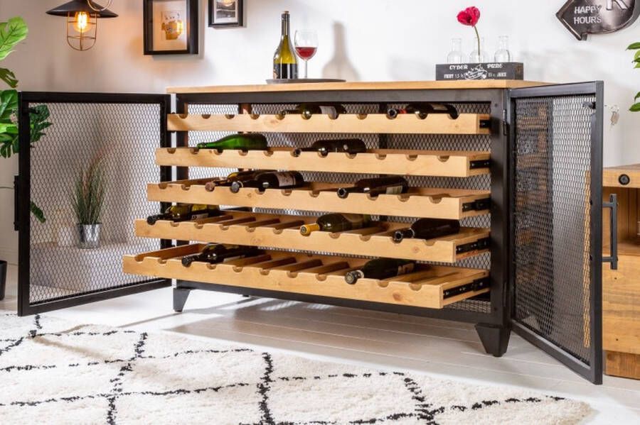 Invicta Interior industrieele wijnkast BODEGA 127cm gerecycleerd natuurlijk grenenhouten wijnrek voor 55 flessen 40458