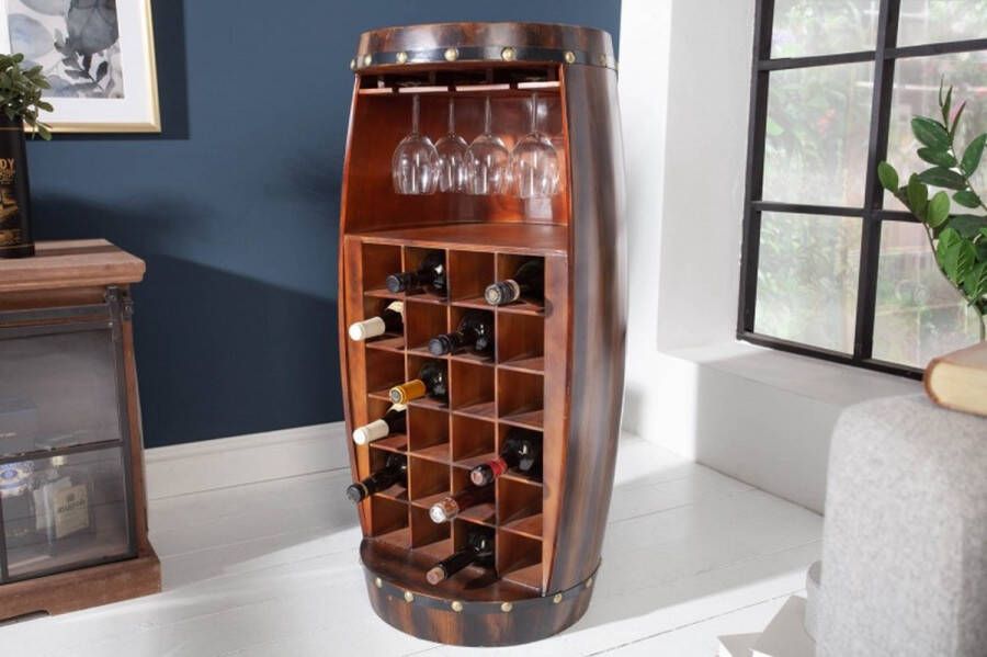 Invicta Interior Massief wijnrek BODEGA 97cm koffiebruin grenen vat bartafel voor 24 flessen 40418