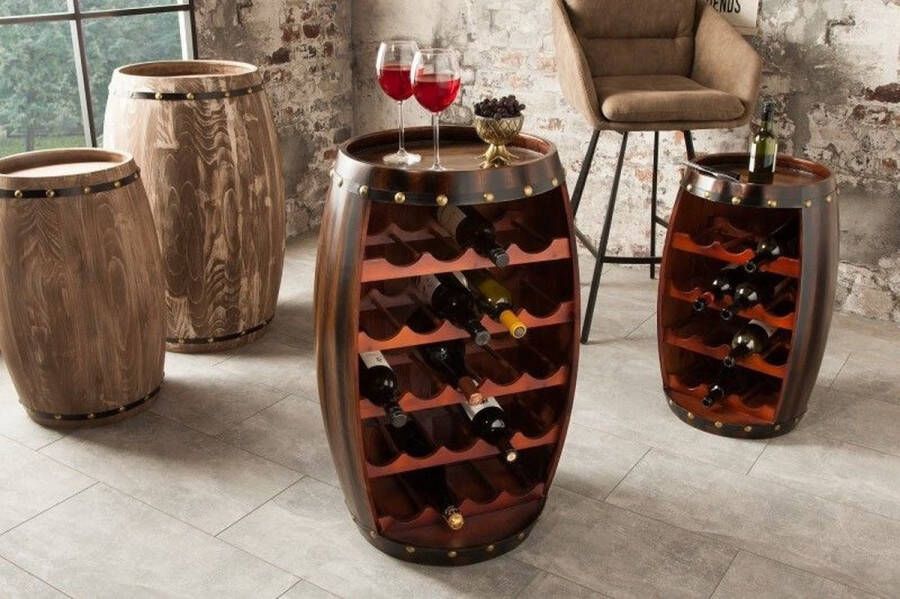 Invicta Interior Massief wijnrek BODEGA 80cm koffiebruin grenen vat bartafel voor 23 flessen 38961