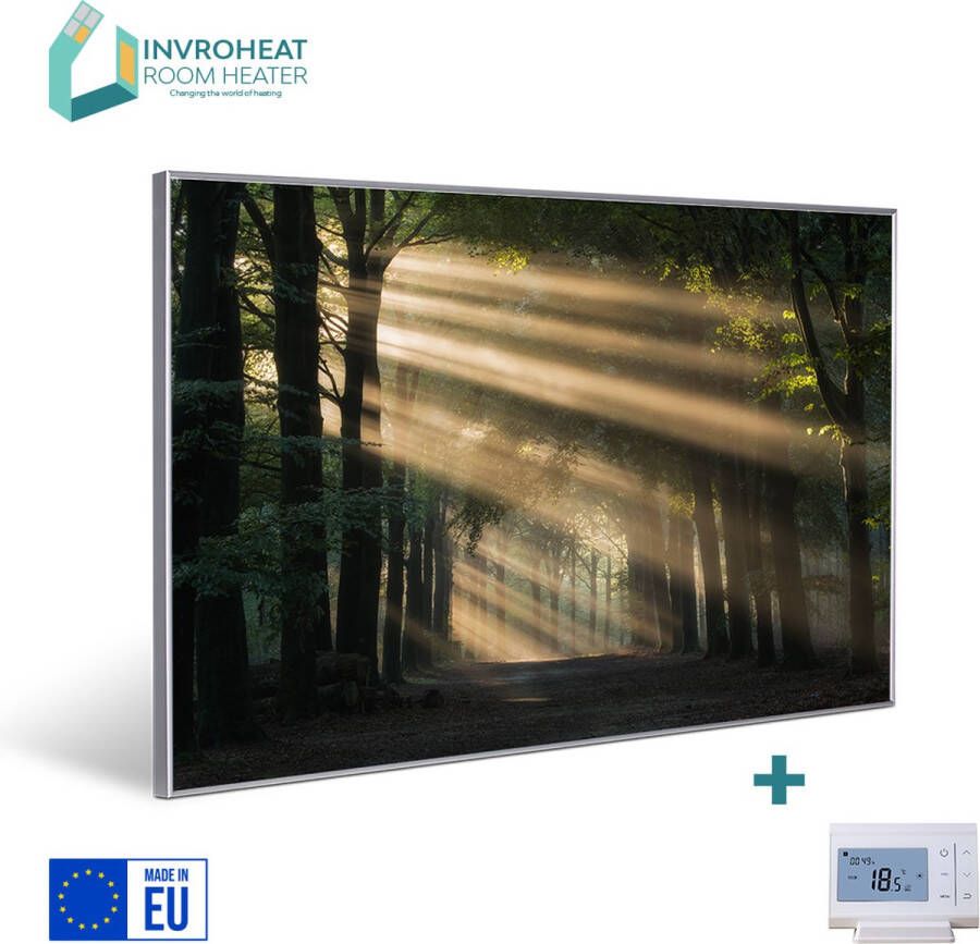 Invroheat infrarood paneel Zonnestralen in het bos 800Watt 91.5x61cm 16 m2 afbeelding verwisselbaar duurzaam en energiezuinig
