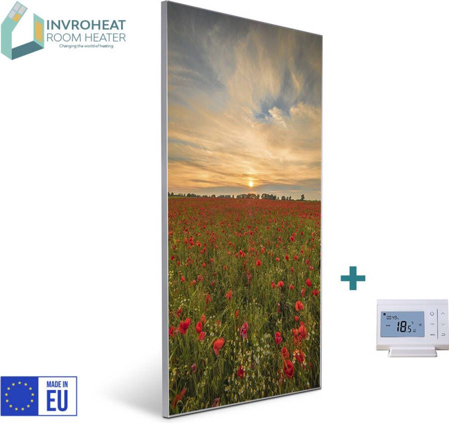 Invroheat infrarood paneel Zonsopkomst klaprozenveld 800Watt 61x91.5cm 16 m2 afbeelding verwisselbaar duurzaam en energiezuinig