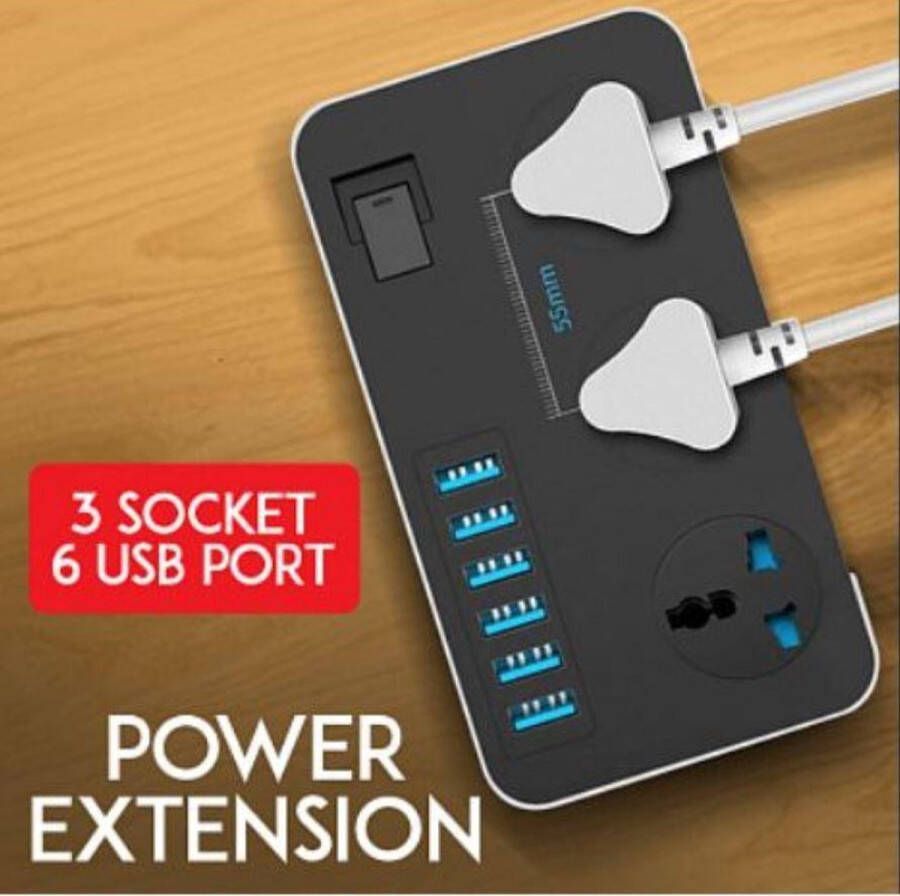 IQ Power Stekkerdoos Aan Uit schakelaar 6 USB ingangen 2M snoer Zwart