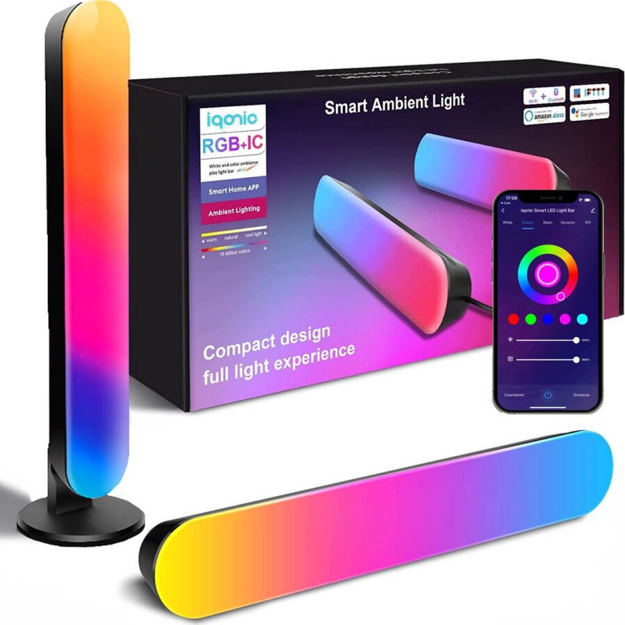 Iqonic Smart LED Light Bar RGB Lamp Lichtbalk 2 Stuks Met App Google Home en Alexa Ambilight Tafellamp