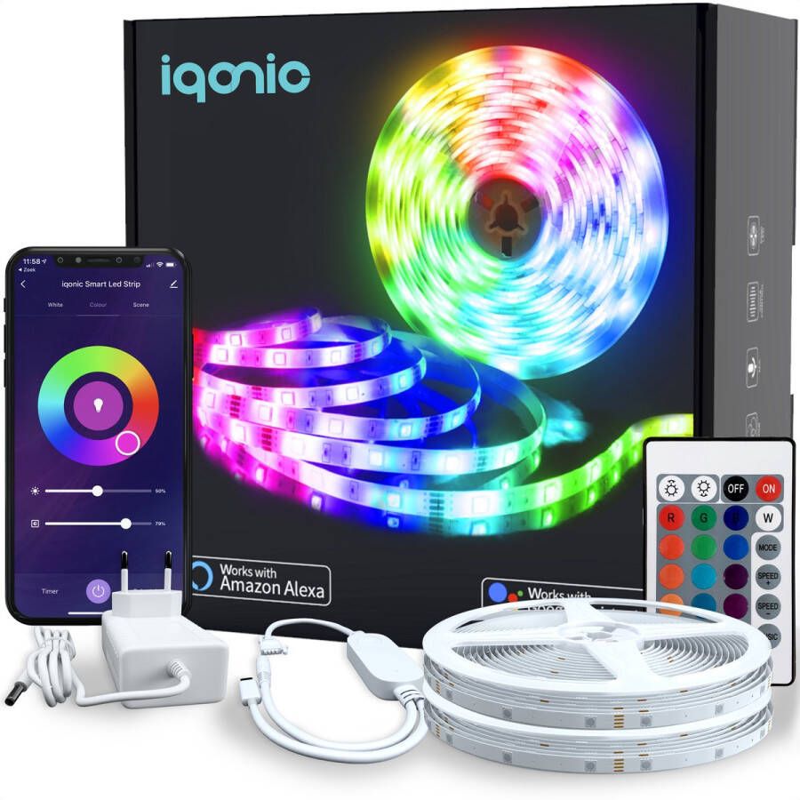 Iqonic Smart Led Light Strip 10 Meter Met WiFi App en Afstandsbediening RGB Verlichting Zelfklevend Google Home en Alexa