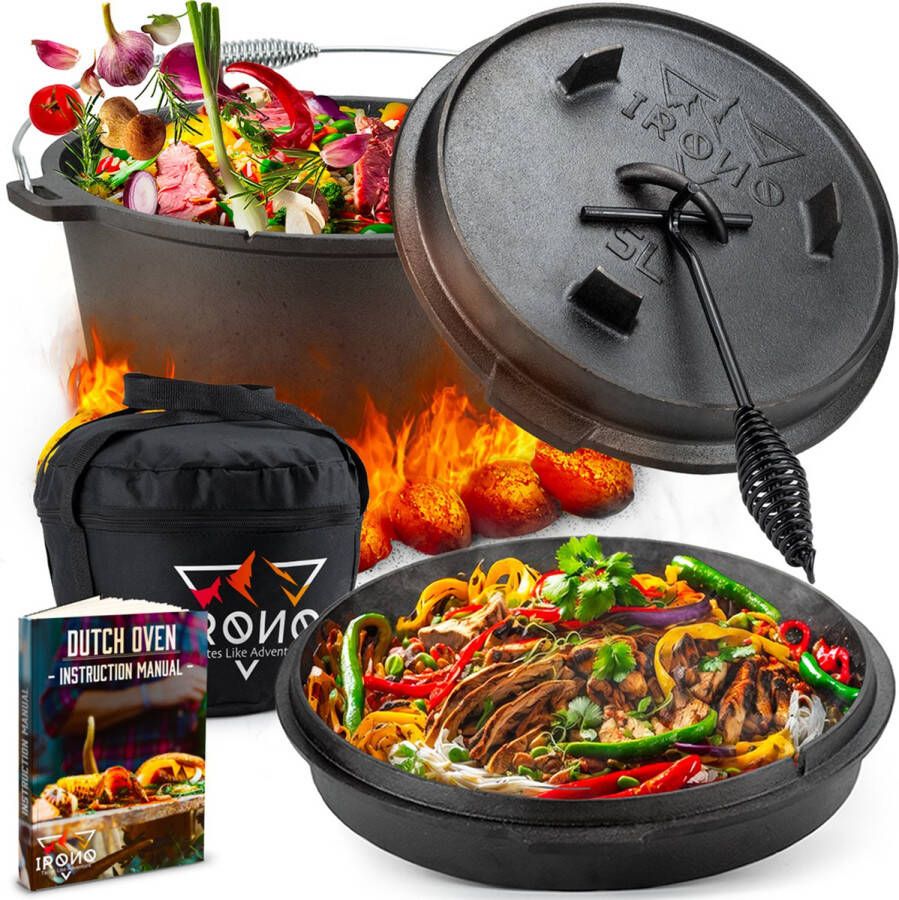 IRONO Dutch Oven Pan Gietijzer 5 Liter Gietijzeren Pan BBQ 4-delig Multifunctionele Kookset Braadpan Gietijzer met Deksellifter Bakpan Kookpan Outdoor Cooking Kerst & Sinterklaas Cadeautjes