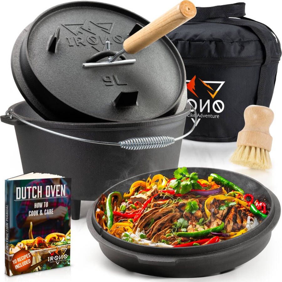 IRONO Dutch Oven Pan Gietijzer 9 Liter Gietijzeren Pan BBQ 4-delig Multifunctionele Kookset Braadpan Gietijzer met Deksellifter Bakpan Kookpan Outdoor Cooking Kerst & Sinterklaas Cadeautjes