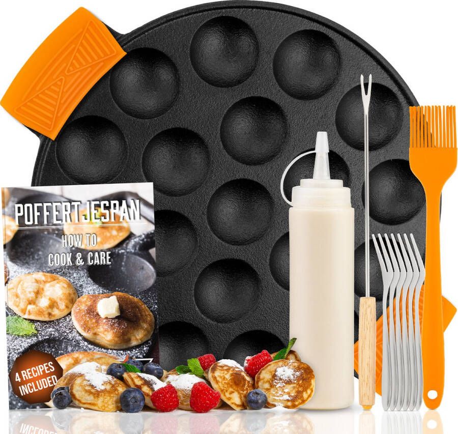 IRONO Poffertjespan Set Incl. Doseerfles Keervork en 6 vorkjes Poffertjespan Inductie en Electrisch Poffertjesmaker 19 Poffertjes Gietijzeren Pan Poffertjes Maken Spuitfles