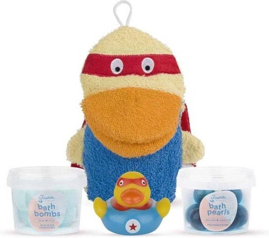 Isabelle Laurier BAD SET SUPERHELD 4 STUKS Eendje washandje badolieparels mini badbruisballen