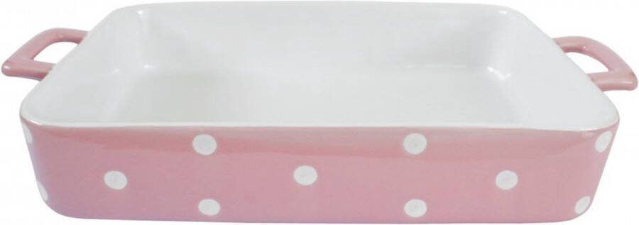 Isabelle rose roze met witte grote ovenschaal van keramiek met handvaten 23 5 x 38 5 x 6 5 cm