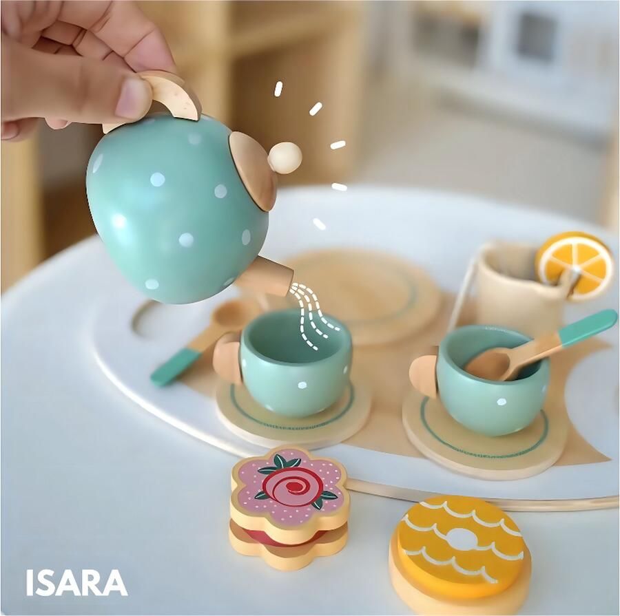 Isara Theeservies Speelgoed 2024 Nieuw – Houten Speelgoed – 15 Stukken – Montessori – Theeservies voor Kinderen – Theeset – Leerzaam Speelgoed