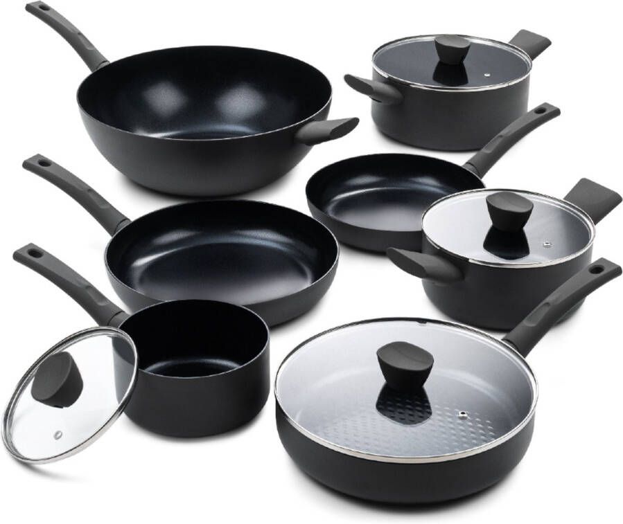 ISENVI Avon Chef Deluxe Pannenset 7 delig Ergo grepen Antraciet Keramisch 100% PFAS PTFE en PFOA vrij 100% duurzaam Unieke Antiaanbaklaag Non-stick bodem Vaatwasbestendig Geschikt voor alle warmtebronnen inclusief inductie