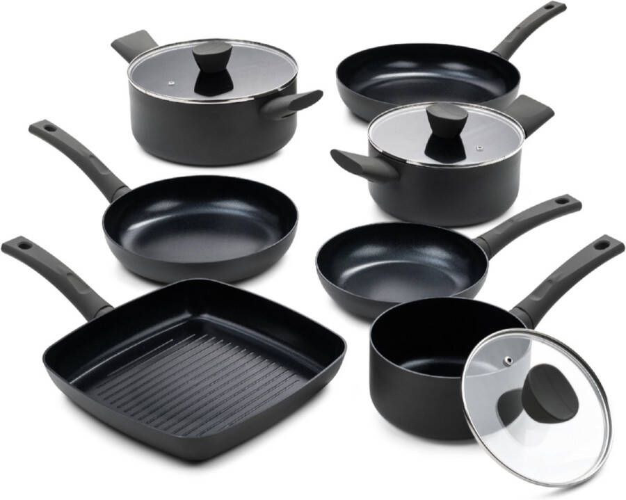 ISENVI Avon Chef du Jour Grill Pannenset 7 delig Ergo grepen Antraciet Keramisch 100% PFAS PTFE en PFOA vrij 100% duurzaam Unieke Antiaanbaklaag Non-stick bodem Vaatwasbestendig Geschikt voor alle warmtebronnen inclusief inductie