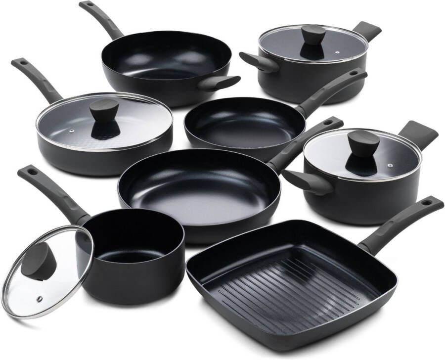 ISENVI Avon Chef Totaal Pannenset 8 delig Ergo grepen Antraciet Keramisch 100% PFAS PTFE en PFOA vrij 100% duurzaam Unieke Antiaanbaklaag Non-stick bodem Vaatwasbestendig Geschikt voor alle warmtebronnen inclusief inductie