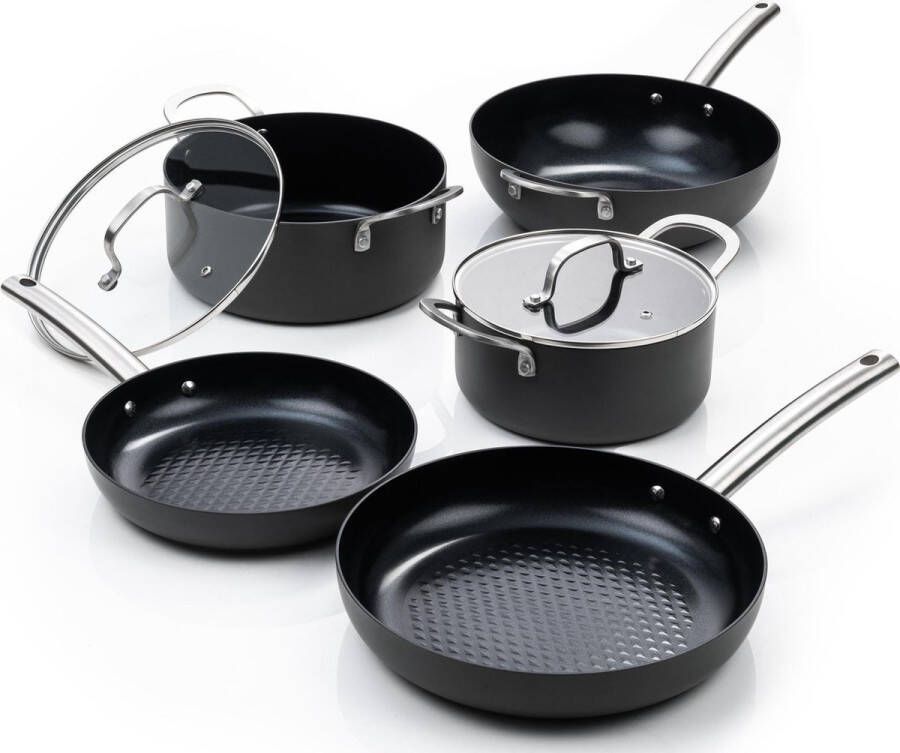 ISENVI Murray Plus Pannenset 5 delig RVS grepen Antraciet Keramisch 100% PFAS PTFE en PFOA vrij 100% duurzaam Unieke Antiaanbaklaag Non-stick bodem Vaatwasbestendig Geschikt voor alle warmtebronnen inclusief inductie