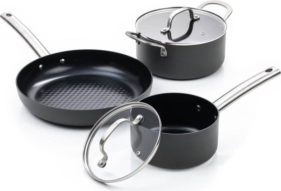 ISENVI Murray Starter Pannenset 3 delig RVS grepen Antraciet Keramisch 100% PFAS PTFE en PFOA vrij 100% duurzaam Unieke Antiaanbaklaag Non-stick bodem Vaatwasbestendig Geschikt voor alle warmtebronnen inclusief inductie