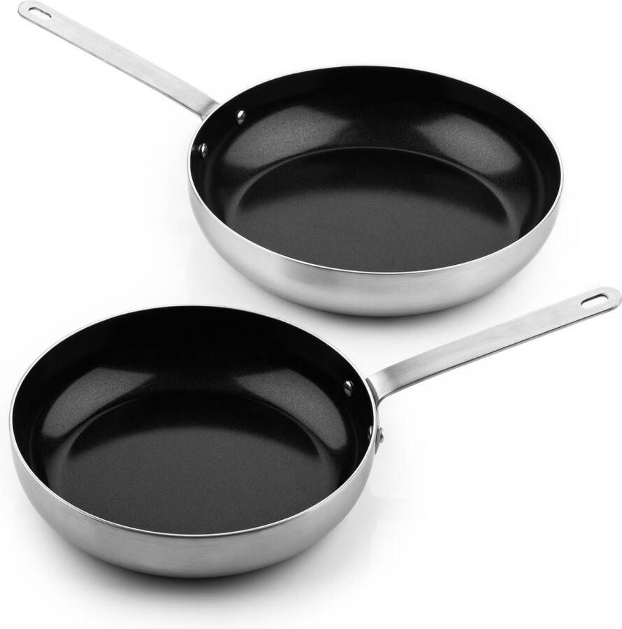 ISENVI Soenil by Combideal 2 delig Koekenpannen RVS Hoogglans RVS Keramisch 100% PFAS PTFE en PFOA vrij 100% duurzaam Unieke Antiaanbaklaag Non-stick bodem Vaatwasbestendig Geschikt voor alle warmtebronnen inclusief