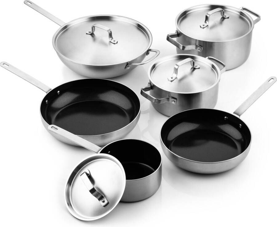 ISENVI Soenil by Totaalset 6 delig RVS grepen Hoogglans RVS Keramisch 100% PFAS PTFE en PFOA vrij 100% duurzaam Unieke Antiaanbaklaag Non-stick bodem Vaatwasbestendig Geschikt voor alle warmtebronnen inclusief