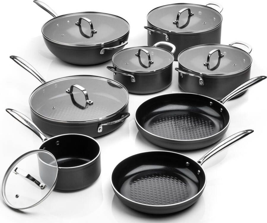 ISENVI Victoria Forged Chef Totaal Pannenset 8 delig RVS grepen Antraciet Keramisch 100% PFAS PTFE en PFOA vrij 100% duurzaam Unieke Antiaanbaklaag Non-stick bodem Vaatwasbestendig* Geschikt voor alle warmtebronnen + inductie