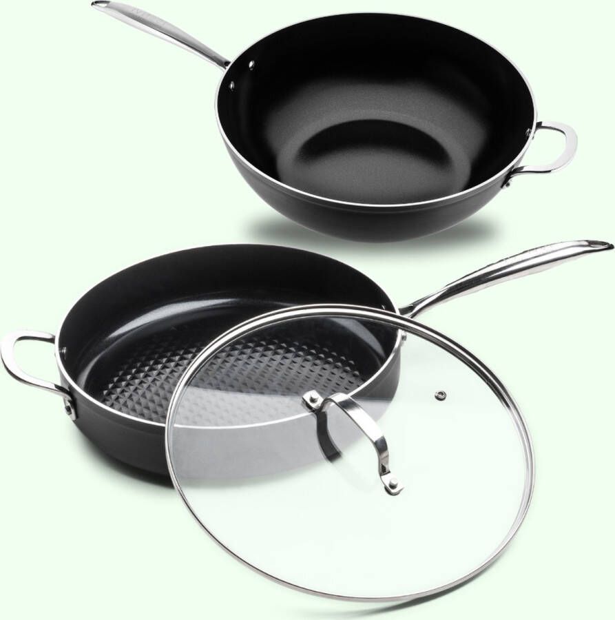 ISENVI Victoria Forged Combideal Hapjespan en wok RVS Antraciet Keramisch 100% PFAS PTFE en PFOA vrij 100% duurzaam Unieke Antiaanbaklaag Non-stick bodem Vaatwasbestendig* Geschikt voor alle warmtebronnen inclusief inductie