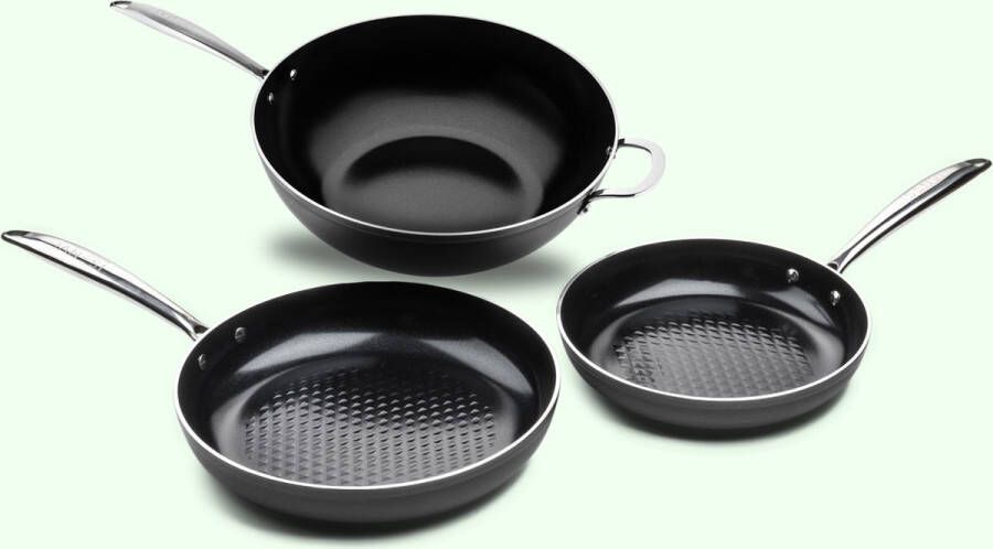 ISENVI Victoria Forged combideal Koekenpannen en wok RVS Antraciet Keramisch 100% PFAS PTFE en PFOA vrij 100% duurzaam Unieke Antiaanbaklaag Non-stick bodem Vaatwasbestendig* Geschikt voor alle warmtebronnen inclusief inductie