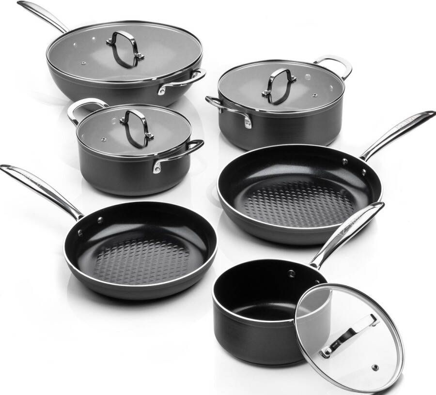 ISENVI Victoria Forged Compleet Pannenset 6 delig RVS grepen Antraciet Keramisch 100% PFAS PTFE en PFOA vrij 100% duurzaam Unieke Antiaanbaklaag Non-stick bodem Vaatwasbestendig* Geschikt voor alle warmtebronnen inclusief inductie