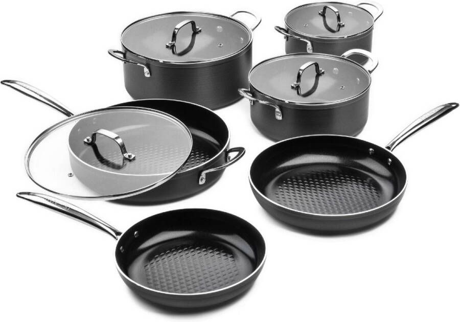 ISENVI Victoria Forged Speciaal set Pannenset 6 delig RVS grepen Antraciet Keramisch 100% PFAS PTFE en PFOA vrij 100% duurzaam Unieke Antiaanbaklaag Non-stick bodem Vaatwasbestendig* Geschikt voor alle warmtebronnen + inductie