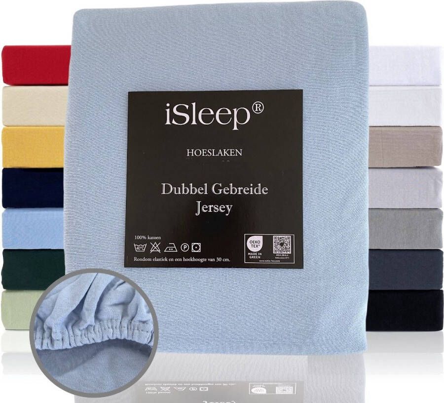 ISleep Dubbel Jersey Hoeslaken Eenpersoons 90 100x220 cm Licht Blauw