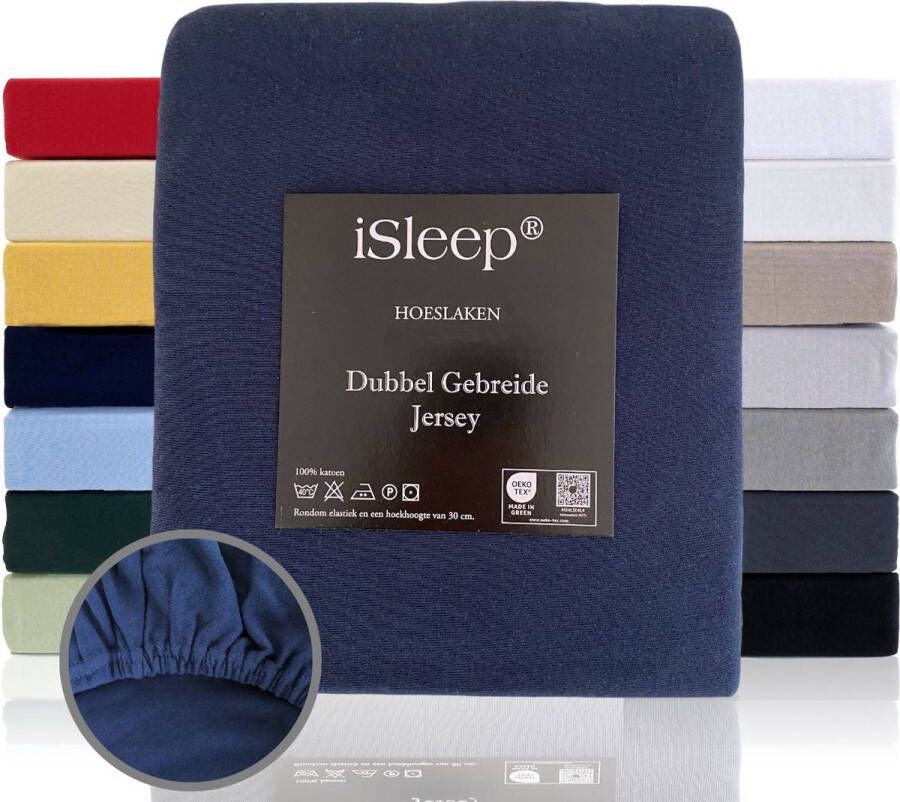 ISleep Dubbel Jersey Hoeslaken Litsjumeaux XXL 210x220 230 cm Donker Blauw