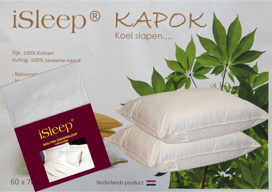 ISleep Kapok Hoofdkussen Set (2 Kussens + 2 Moltonslopen) 100% Java Kapok 60x70 cm