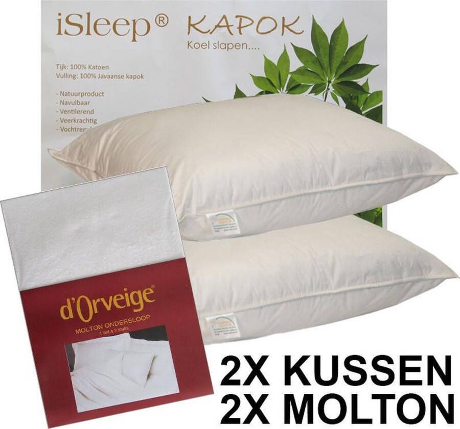 ISleep Kapok Hoofdkussen Set (2 Kussens + 2 Moltonslopen) 60x70 cm