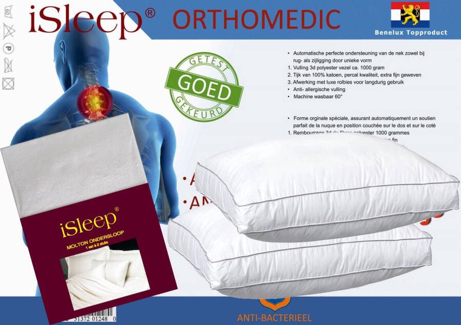 ISleep Orthomedic Hoofdkussen Set (2 Kussens + 2 Moltonslopen) Boxmodel Anti-nekpijn Anti-allergie 50x60x10 cm Wit
