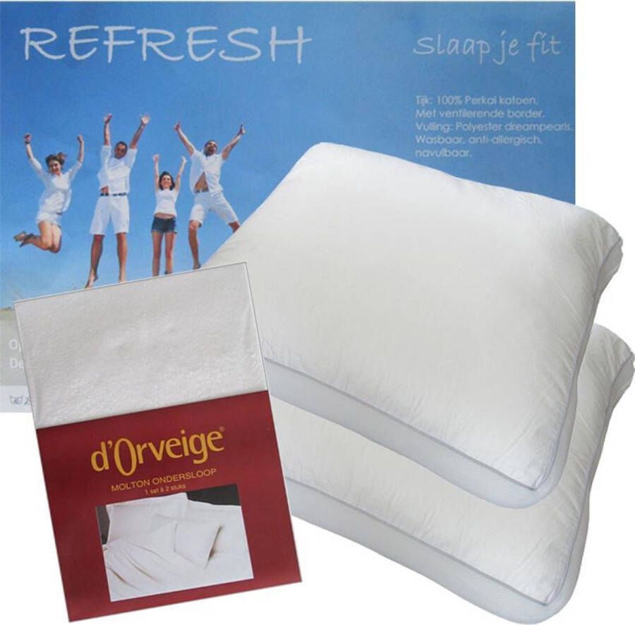 ISleep Refresh Hoofdkussen Set (2 Kussens + 2 Moltonslopen) Dreampearls 50x60x10 cm Wit