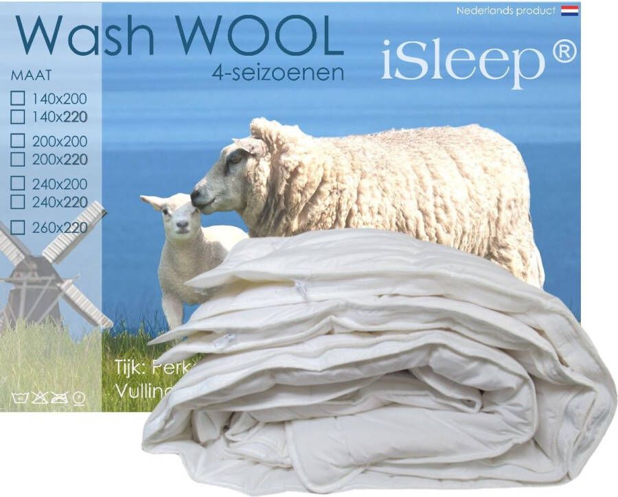 ISleep Wash Wool Dekbed 4-Seizoenen 100% Zuiver Scheerwol Eenpersoons 140x200 cm Wasbaar Met Rits