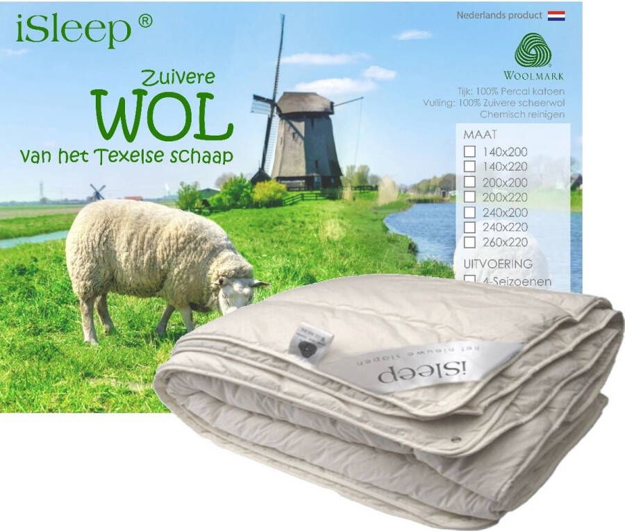 ISleep Wollen 4-Seizoenen Dekbed 100% Wol Eenpersoons 140x200 cm