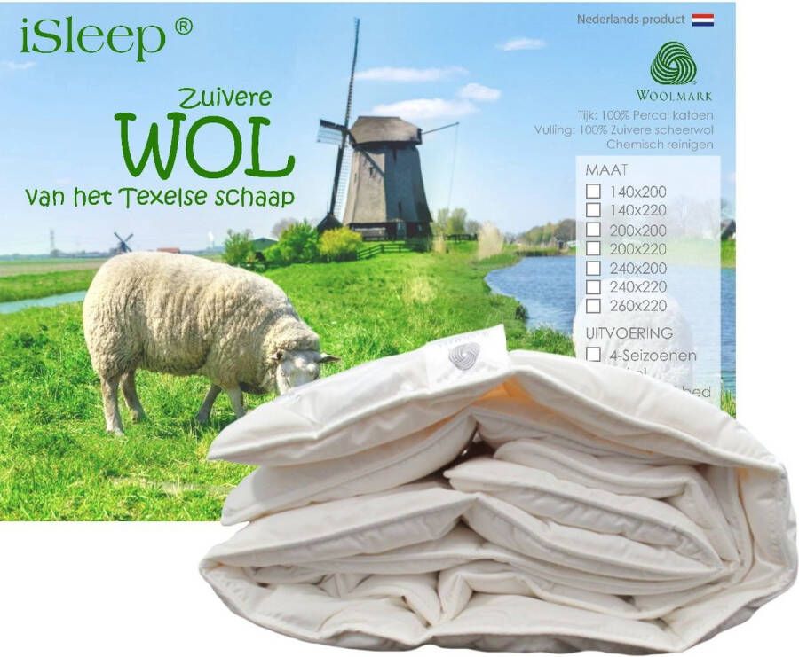 ISleep Wollen Dekbed Enkel (Warmteklasse 2) 100% Wol Eenpersoons 140x220 cm