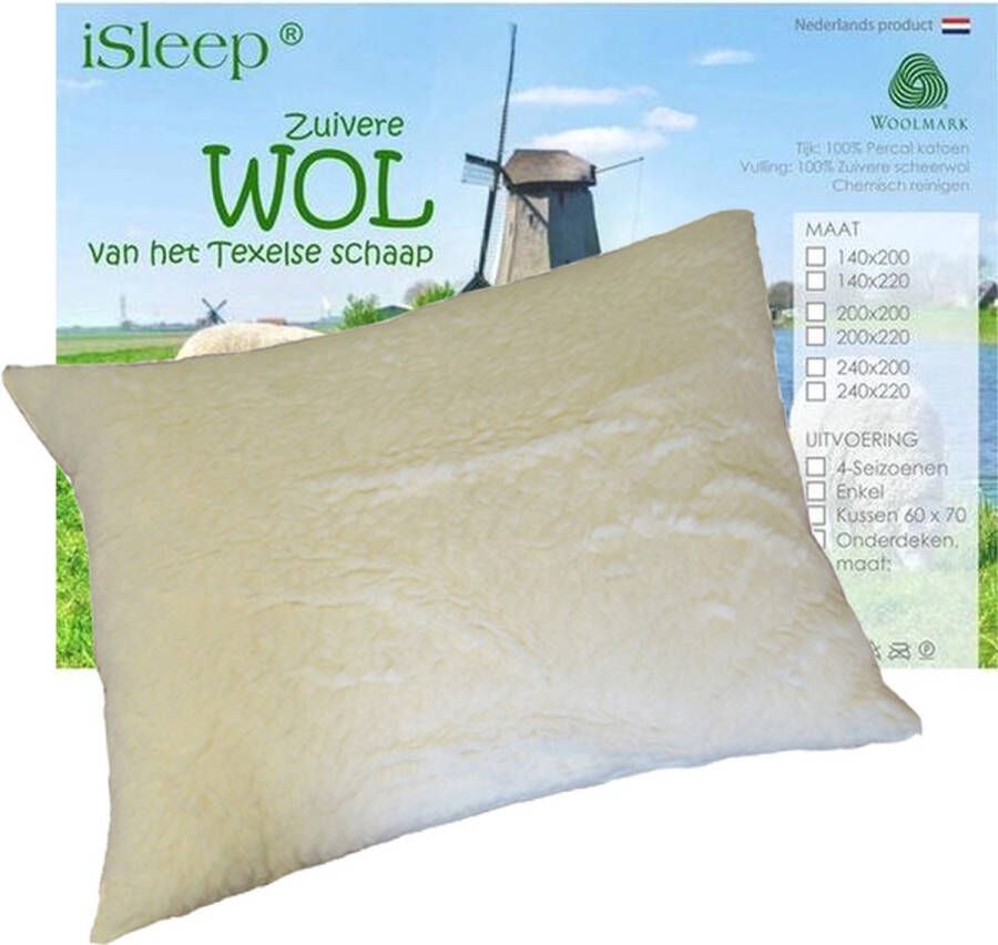 ISleep Wollen Hoofdkussen DeLuxe Wolvacht zijde 60x70 cm Ecru