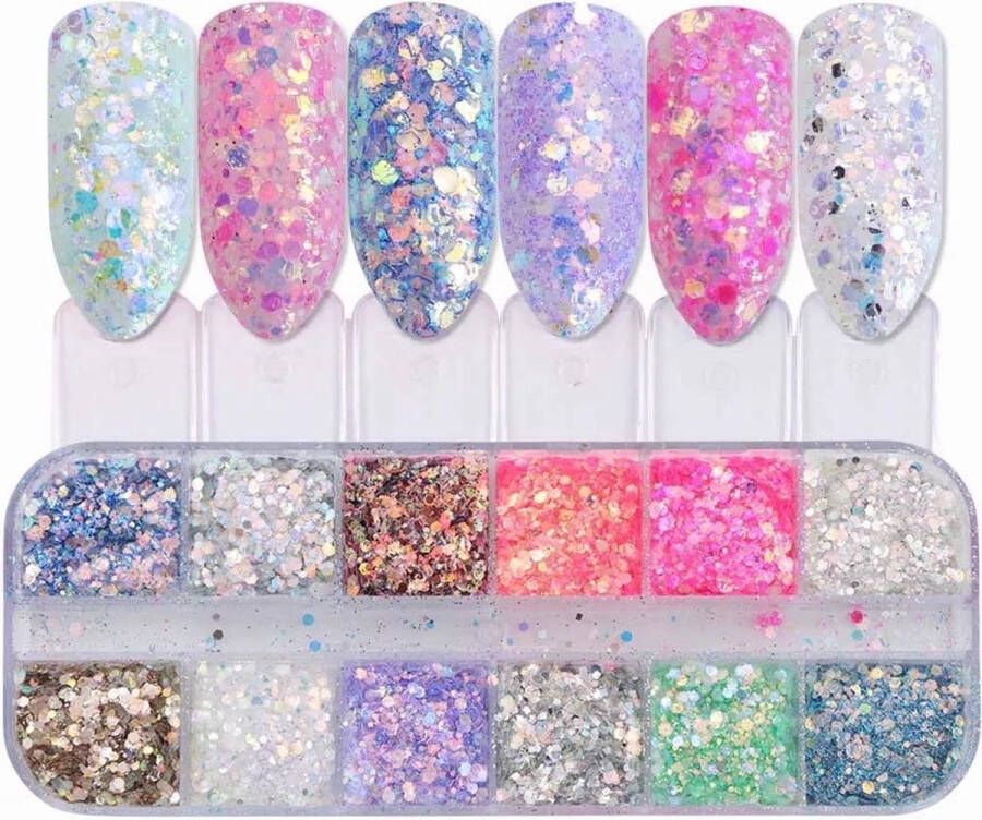 ISO Products Glitter Poeder Nail Art Set 12 Stuks Diverse Kleuren Nagel Decoratie Strass