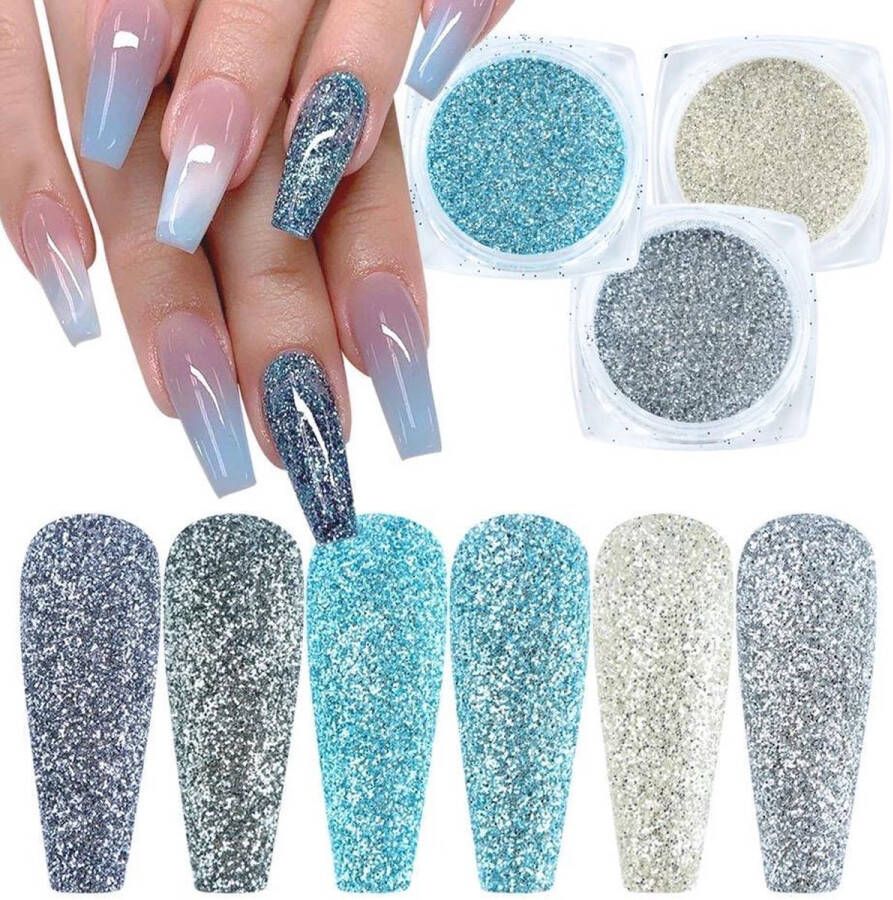 ISO Products Glitter Poeder Nail Art Set 6 Stuks Blauw Zilver Turquoise Glinster Nagel Decoratie Strass