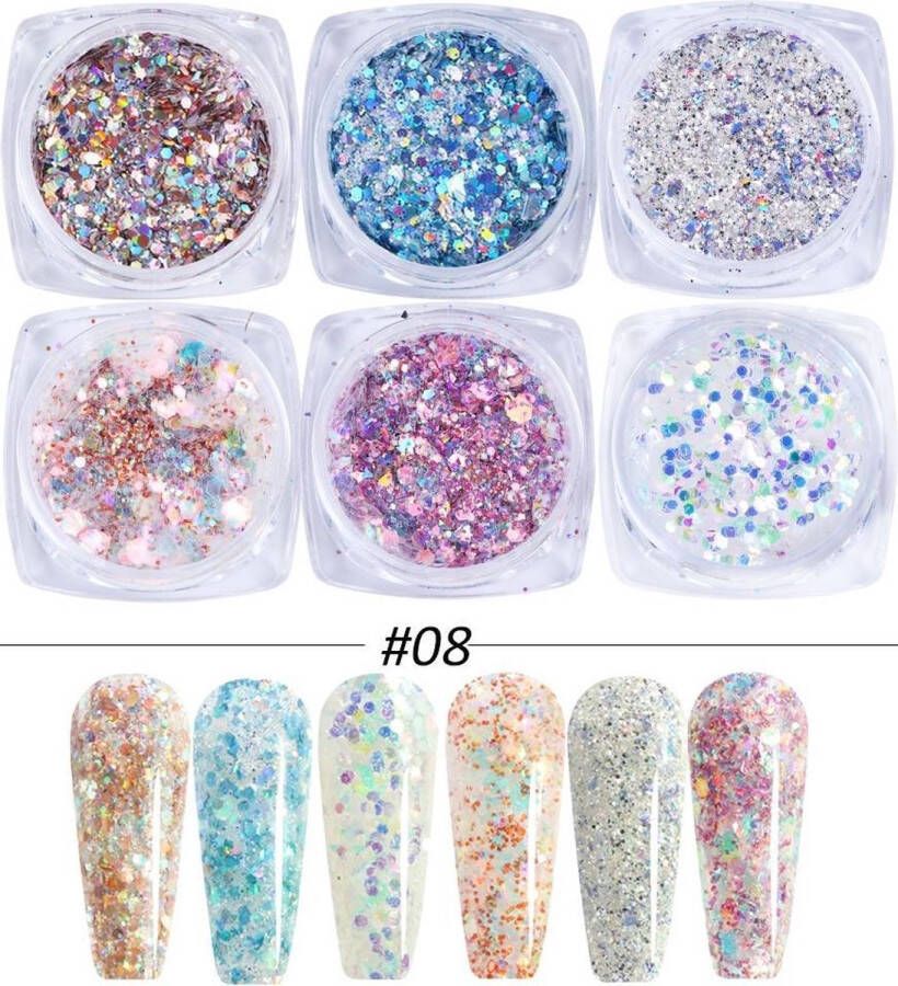 ISO Products Glitter Poeder Nail Art Set 6 Stuks Diverse Kleuren Nagel Decoratie Strass