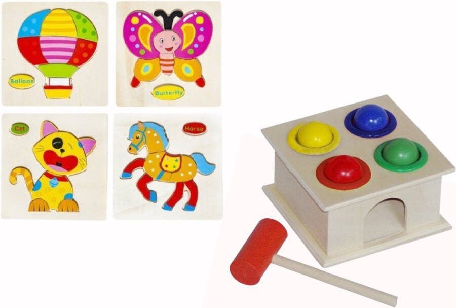 Iso trade Montessori Educatief Houten Speelgoed Hamerbank Vormenstoof Hamertje Tik & 4 Houten Puzzels Peuter Kleuter Speelgoed