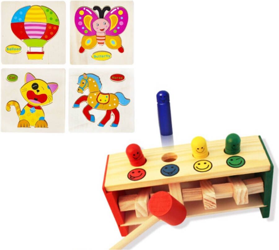 Iso trade Montessori Educatief Houten Speelgoed Hamerbank Vormenstoof Hamertje Tik & 4 Houten Puzzels Peuter Kleuter Speelgoed